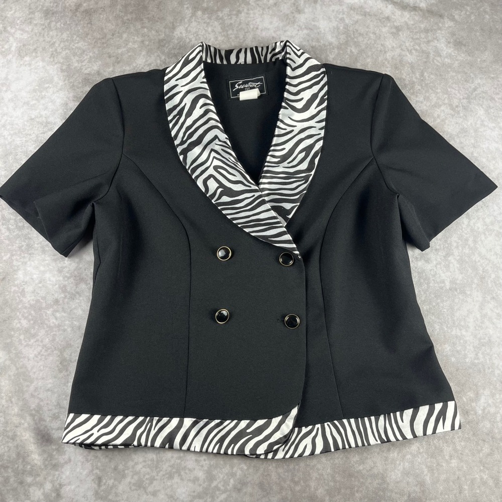 Vtg 90s Y2K Sweet Suit Zebra Trim Blazer 6P Black Short Sleeve Button Top Jacket